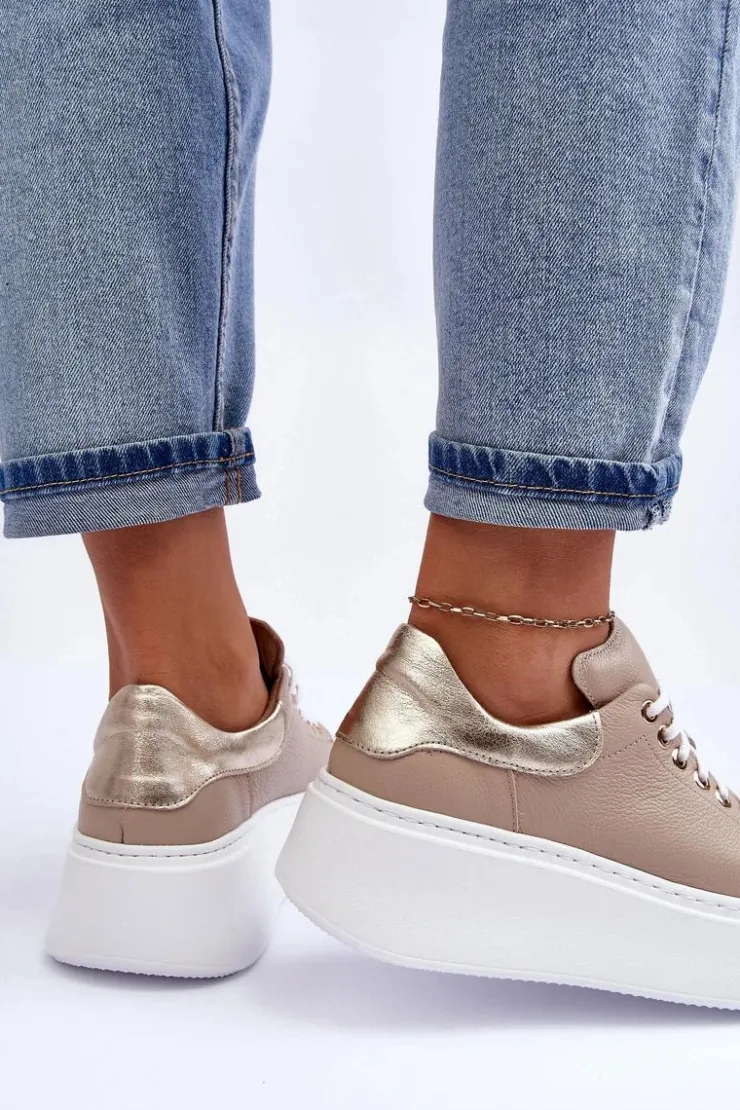 Online Boto Damskie Buty Sportowe Skórzane na Platformie Beżowe Lemar 10150 Beżowy