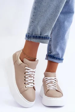 Online Boto Damskie Buty Sportowe Skórzane na Platformie Beżowe Lemar 10150 Beżowy