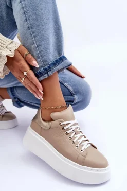 Online Boto Damskie Buty Sportowe Skórzane na Platformie Beżowe Lemar 10150 Beżowy