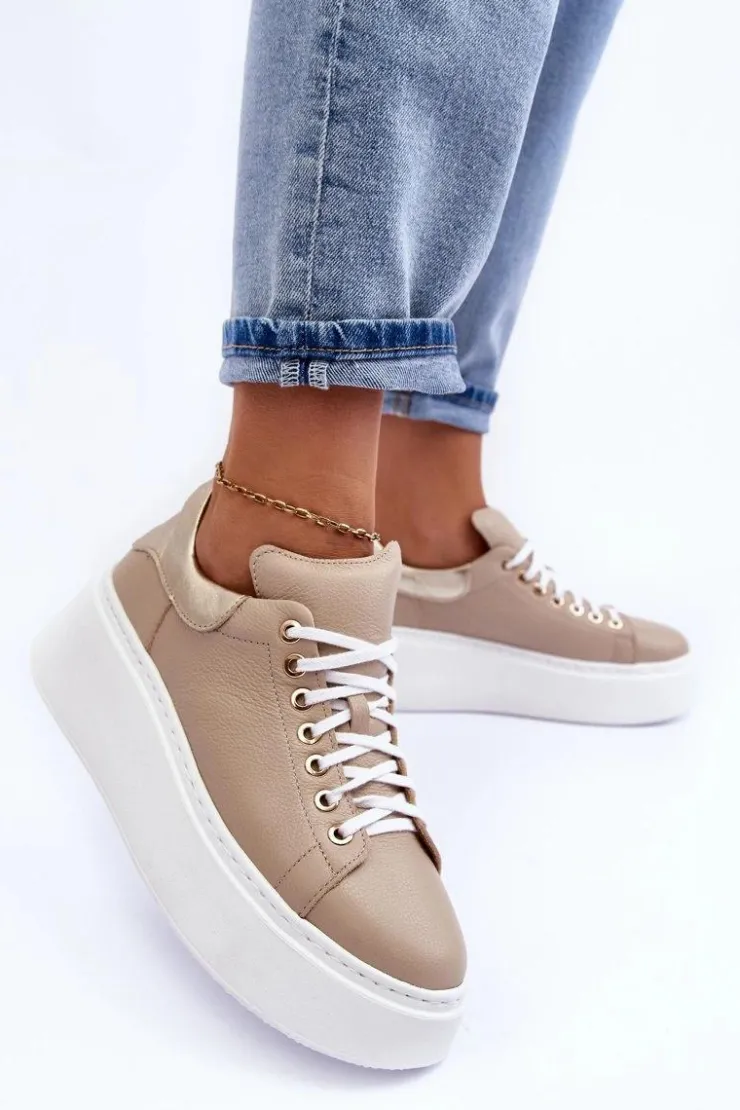 Online Boto Damskie Buty Sportowe Skórzane na Platformie Beżowe Lemar 10150 Beżowy