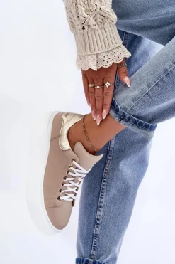 Online Boto Damskie Buty Sportowe Skórzane na Platformie Beżowe Lemar 10150 Beżowy