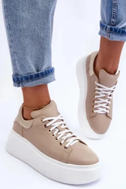 Online Boto Damskie Buty Sportowe Skórzane na Platformie Beżowe Lemar 10150 Beżowy