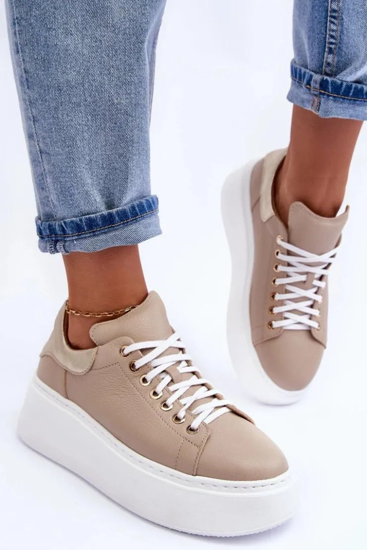 Online Boto Damskie Buty Sportowe Skórzane na Platformie Beżowe Lemar 10150 Beżowy
