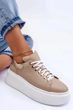 Online Boto Damskie Buty Sportowe Skórzane na Platformie Beżowe Lemar 10150 Beżowy