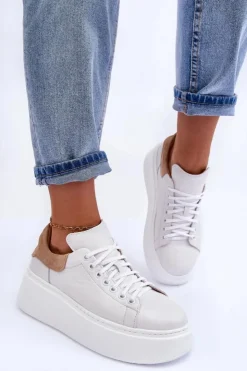 Boto Damskie Buty Sportowe Skórzane na Platformie Białe Lemar 10150 Biały