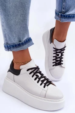 Damskie Boto Damskie Buty Sportowe Skórzane na Platformie Biało-Czarne Lemar 10150