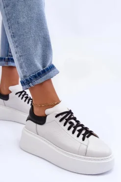 Damskie Boto Damskie Buty Sportowe Skórzane na Platformie Biało-Czarne Lemar 10150