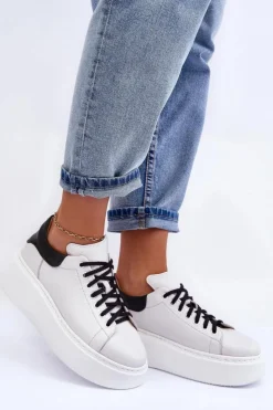 Damskie Boto Damskie Buty Sportowe Skórzane na Platformie Biało-Czarne Lemar 10150