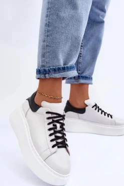 Damskie Boto Damskie Buty Sportowe Skórzane na Platformie Biało-Czarne Lemar 10150