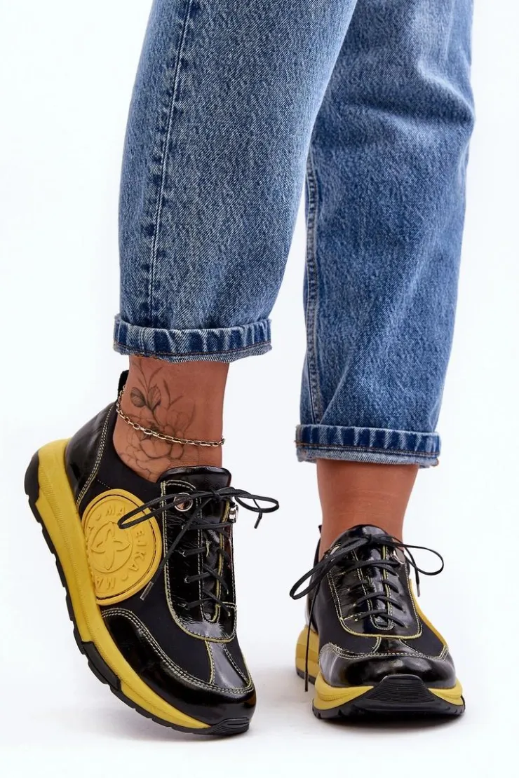 Maciejka Damskie Buty Sportowe Skórzane 06295-01 Czarno-Żółte Czarny