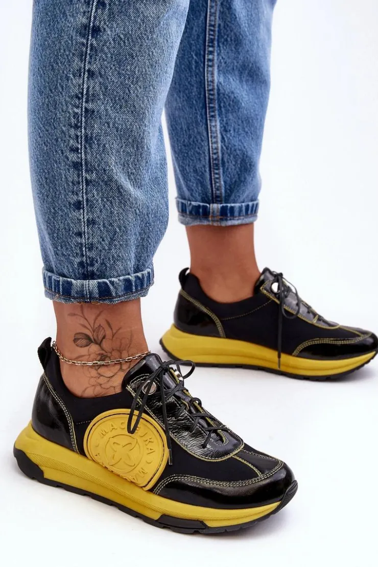 Maciejka Damskie Buty Sportowe Skórzane 06295-01 Czarno-Żółte Czarny