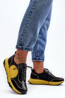 Maciejka Damskie Buty Sportowe Skórzane 06295-01 Czarno-Żółte Czarny