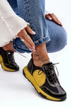 Maciejka Damskie Buty Sportowe Skórzane 06295-01 Czarno-Żółte Czarny