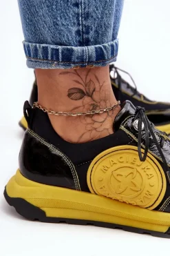 Maciejka Damskie Buty Sportowe Skórzane 06295-01 Czarno-Żółte Czarny