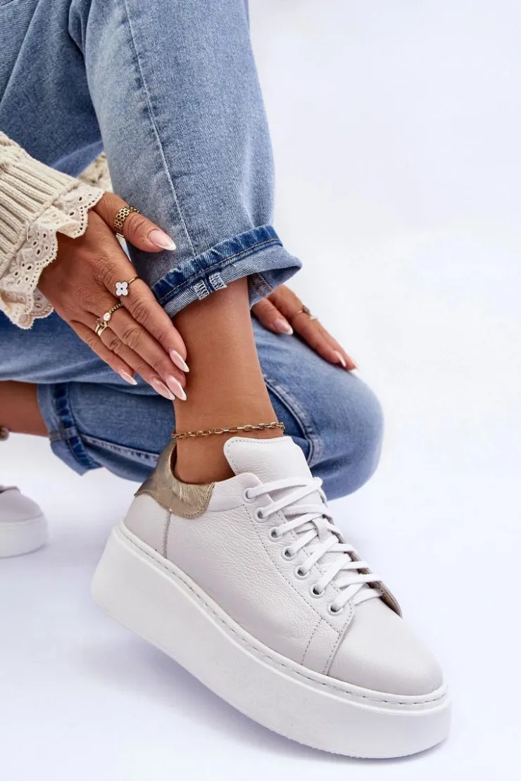 Damskie Boto Damskie Buty Sportowe Skórzane na Platformie Białe Lemar 10150 - Złota Wstawka