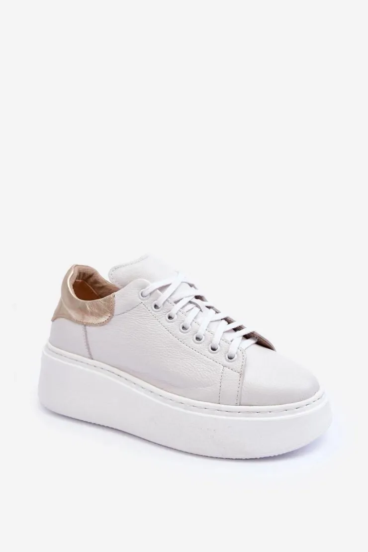 Damskie Boto Damskie Buty Sportowe Skórzane na Platformie Białe Lemar 10150 - Złota Wstawka