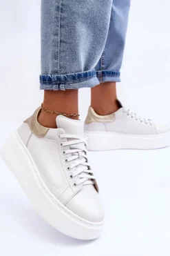 Damskie Boto Damskie Buty Sportowe Skórzane na Platformie Białe Lemar 10150 - Złota Wstawka