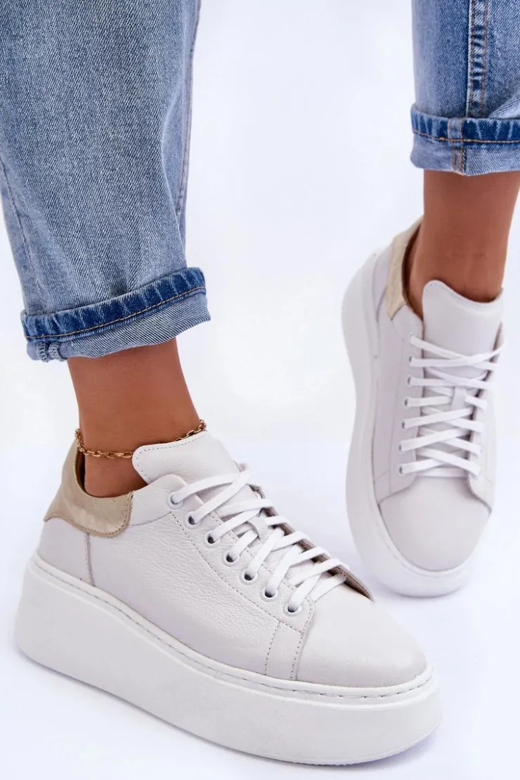 Damskie Boto Damskie Buty Sportowe Skórzane na Platformie Białe Lemar 10150 - Złota Wstawka