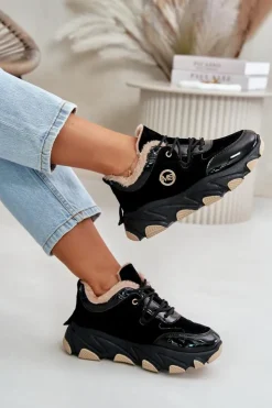 Boto Sneakersy Damskie|Botki Sznurowane*Damskie Buty Sportowe Sznurowane Ocieplane Na Platformie Czarne Verioras