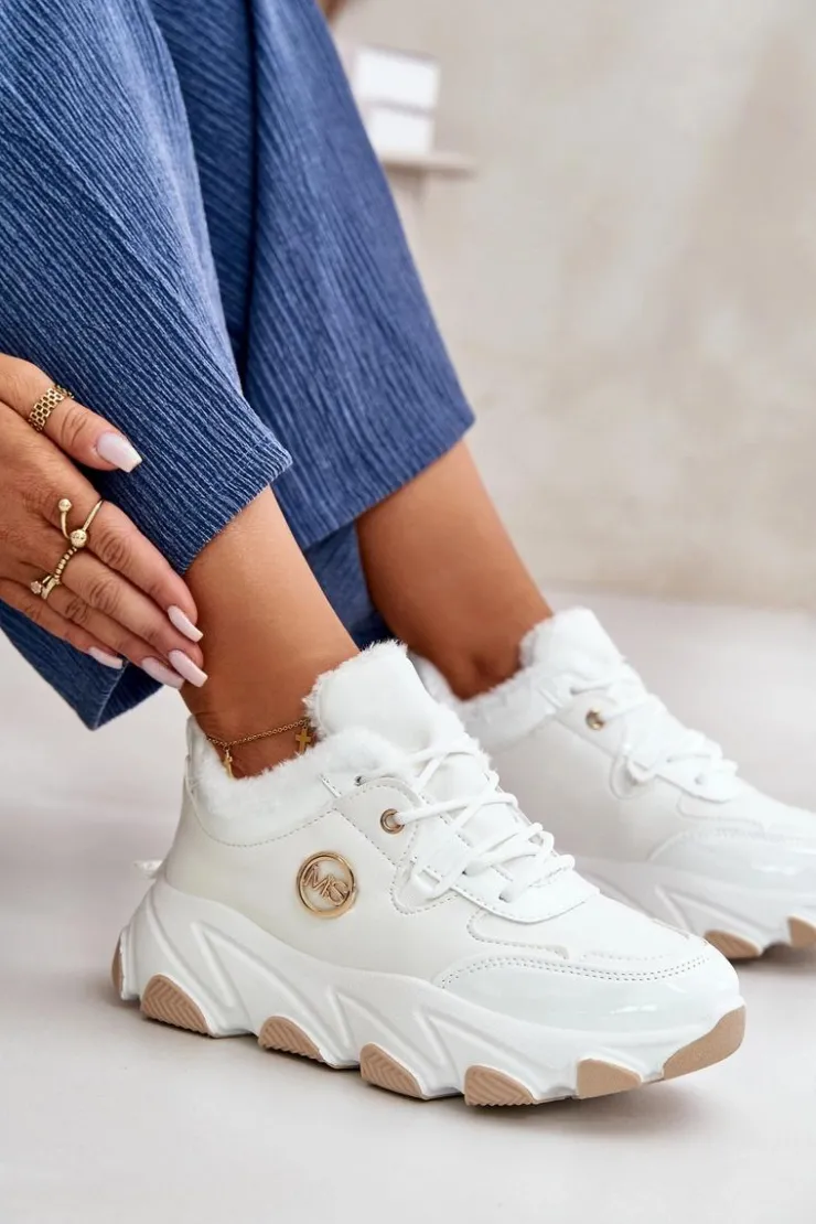 Boto Damskie Buty Sportowe Sznurowane Ocieplane Na Platformie Białe Verioras Biały
