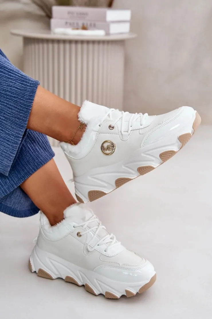 Boto Damskie Buty Sportowe Sznurowane Ocieplane Na Platformie Białe Verioras Biały