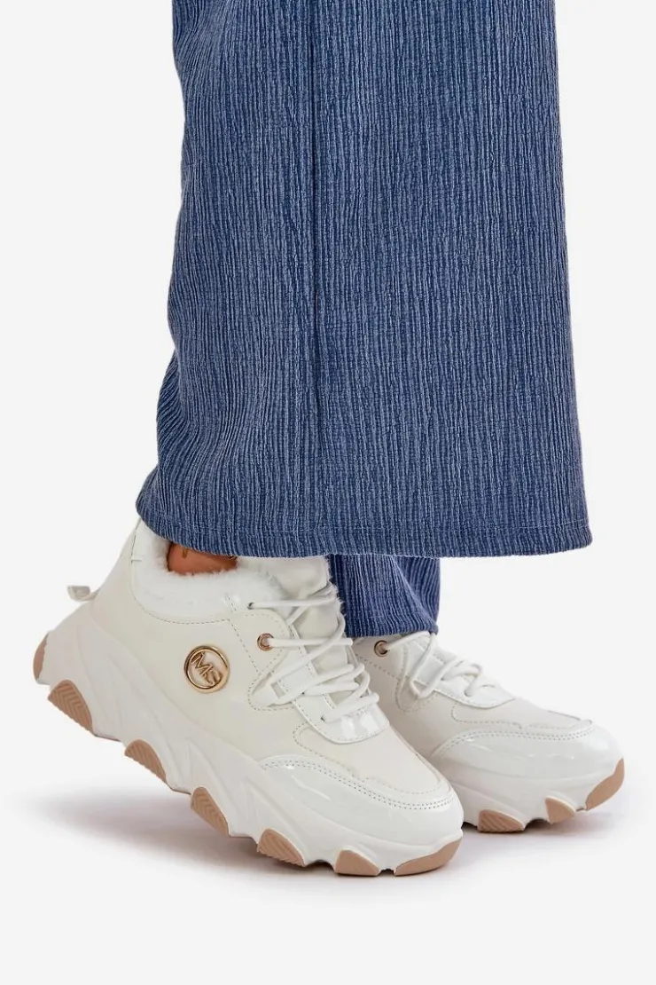 Boto Damskie Buty Sportowe Sznurowane Ocieplane Na Platformie Białe Verioras Biały