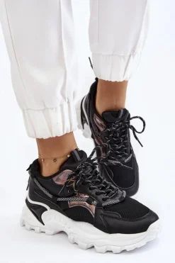 Damskie Boto Damskie Buty Sportowe Sznurowane Na Platformie Czarne Minea