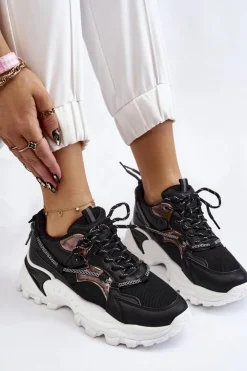 Damskie Boto Damskie Buty Sportowe Sznurowane Na Platformie Czarne Minea