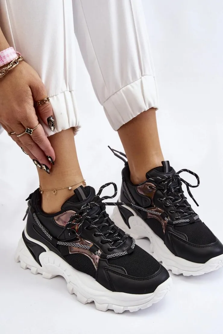 Damskie Boto Damskie Buty Sportowe Sznurowane Na Platformie Czarne Minea