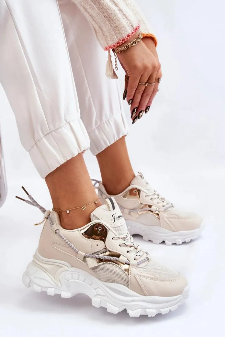 Damskie Boto Damskie Buty Sportowe Sznurowane Na Platformie Beżowe Minea