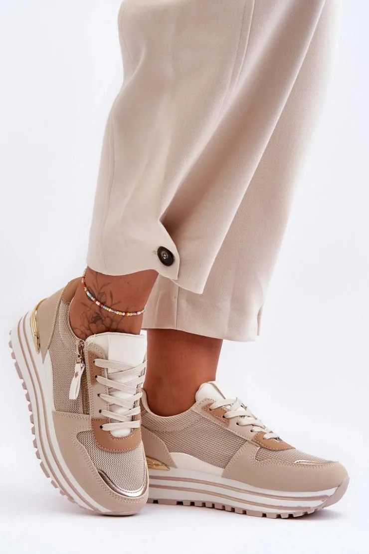 Hot Boto Damskie Buty Sportowe Z Ozdobnym Zamkiem Beżowe Cairo