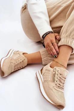 Hot Boto Damskie Buty Sportowe Z Ozdobnym Zamkiem Beżowe Adrea