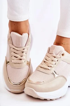 Boto Sneakersy Damskie*Damskie Błyszczące Buty Sportowe Na Koturnie Beżowe Activity