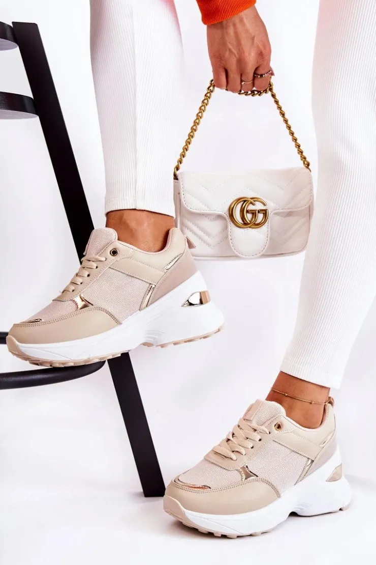 Boto Sneakersy Damskie*Damskie Błyszczące Buty Sportowe Na Koturnie Beżowe Activity