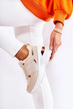 Boto Sneakersy Damskie*Damskie Błyszczące Buty Sportowe Na Koturnie Beżowe Activity