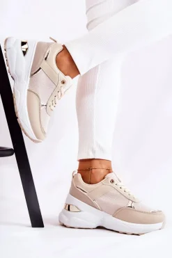 Boto Sneakersy Damskie*Damskie Błyszczące Buty Sportowe Na Koturnie Beżowe Activity