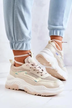 Boto Sneakersy Damskie*Damskie Błyszczące Sneakersy Beżowe Callisto