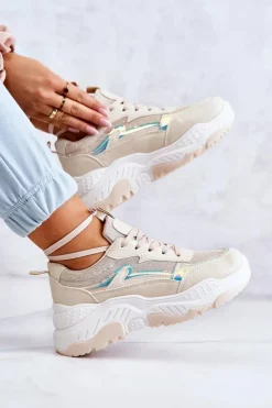 Boto Sneakersy Damskie*Damskie Błyszczące Sneakersy Beżowe Callisto