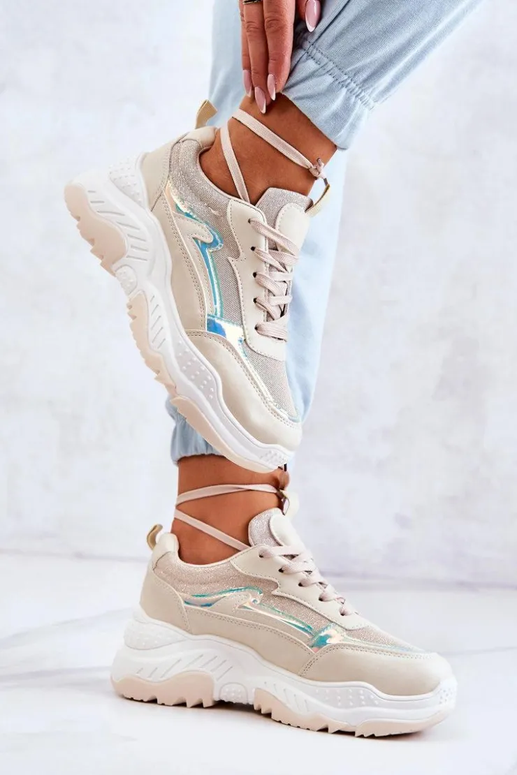Boto Sneakersy Damskie*Damskie Błyszczące Sneakersy Beżowe Callisto
