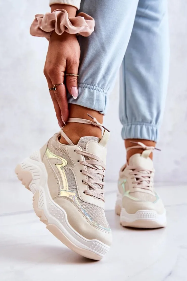Boto Sneakersy Damskie*Damskie Błyszczące Sneakersy Beżowe Callisto