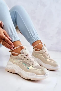 Boto Sneakersy Damskie*Damskie Błyszczące Sneakersy Beżowe Callisto