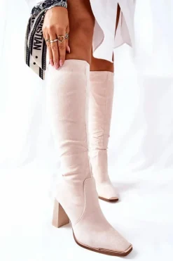 Outlet Boto Damskie Ciepłe Kozaki Złoty Nosek Beżowe Puentos