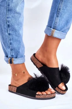 Outlet Boto Damskie Czarne Klapki Na Korku z Pomponem Galaxo