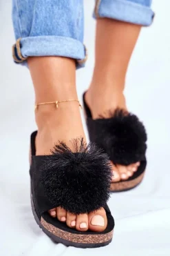 Outlet Boto Damskie Czarne Klapki Na Korku z Pomponem Galaxo