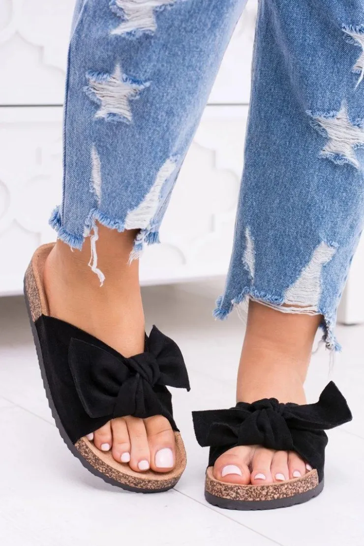 Damskie Boto Damskie Czarne Klapki Na Korku Kokarda Dominica