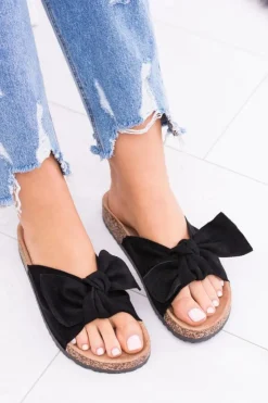 Damskie Boto Damskie Czarne Klapki Na Korku Kokarda Dominica