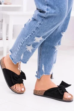 Damskie Boto Damskie Czarne Klapki Na Korku Kokarda Dominica