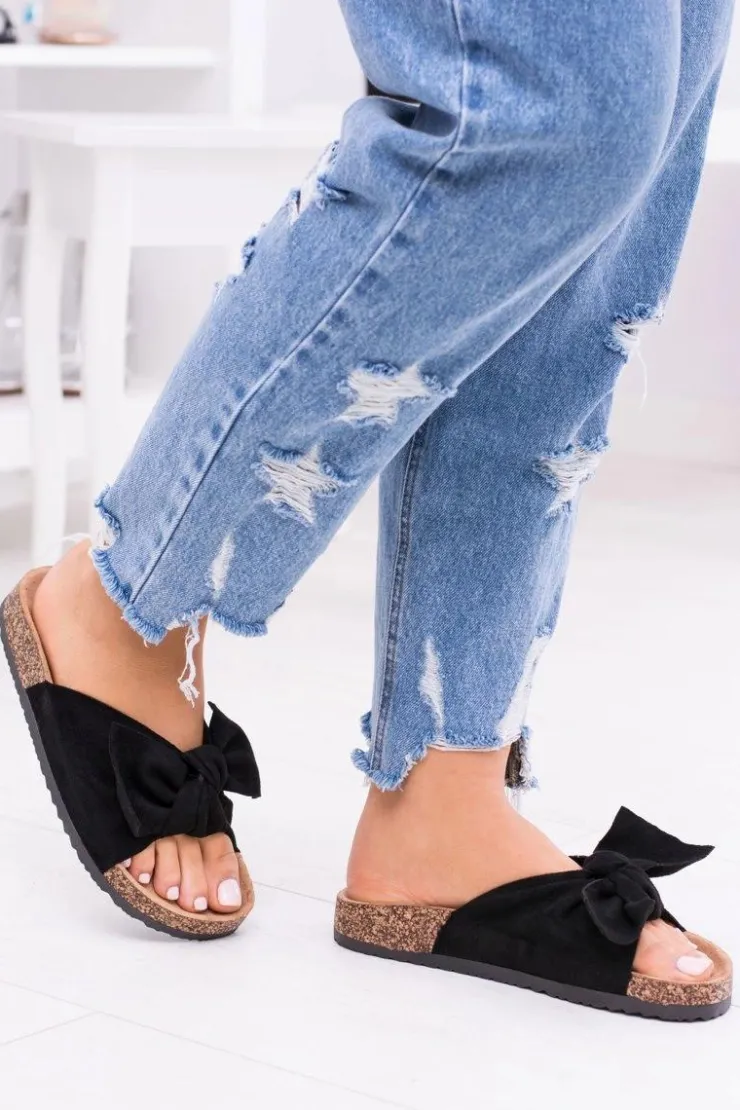 Damskie Boto Damskie Czarne Klapki Na Korku Kokarda Dominica