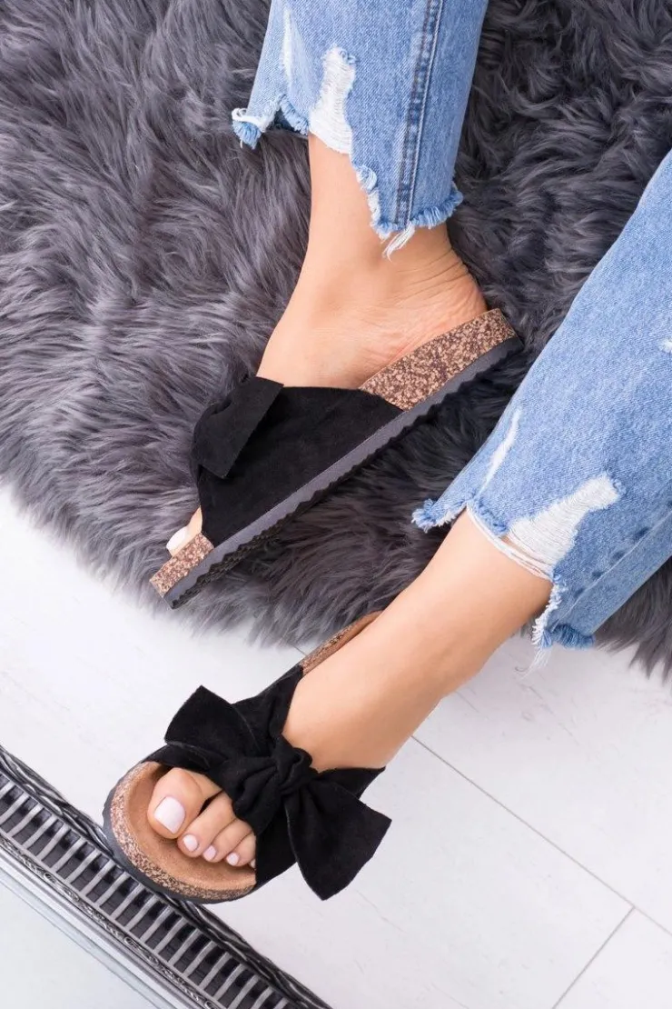 Damskie Boto Damskie Czarne Klapki Na Korku Kokarda Dominica