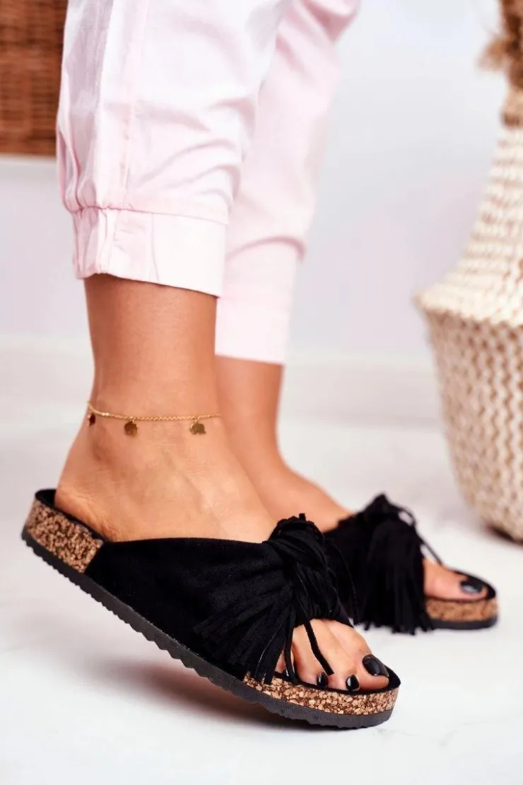 Damskie Boto Damskie Czarne Klapki Na Korku Frędzle Marina